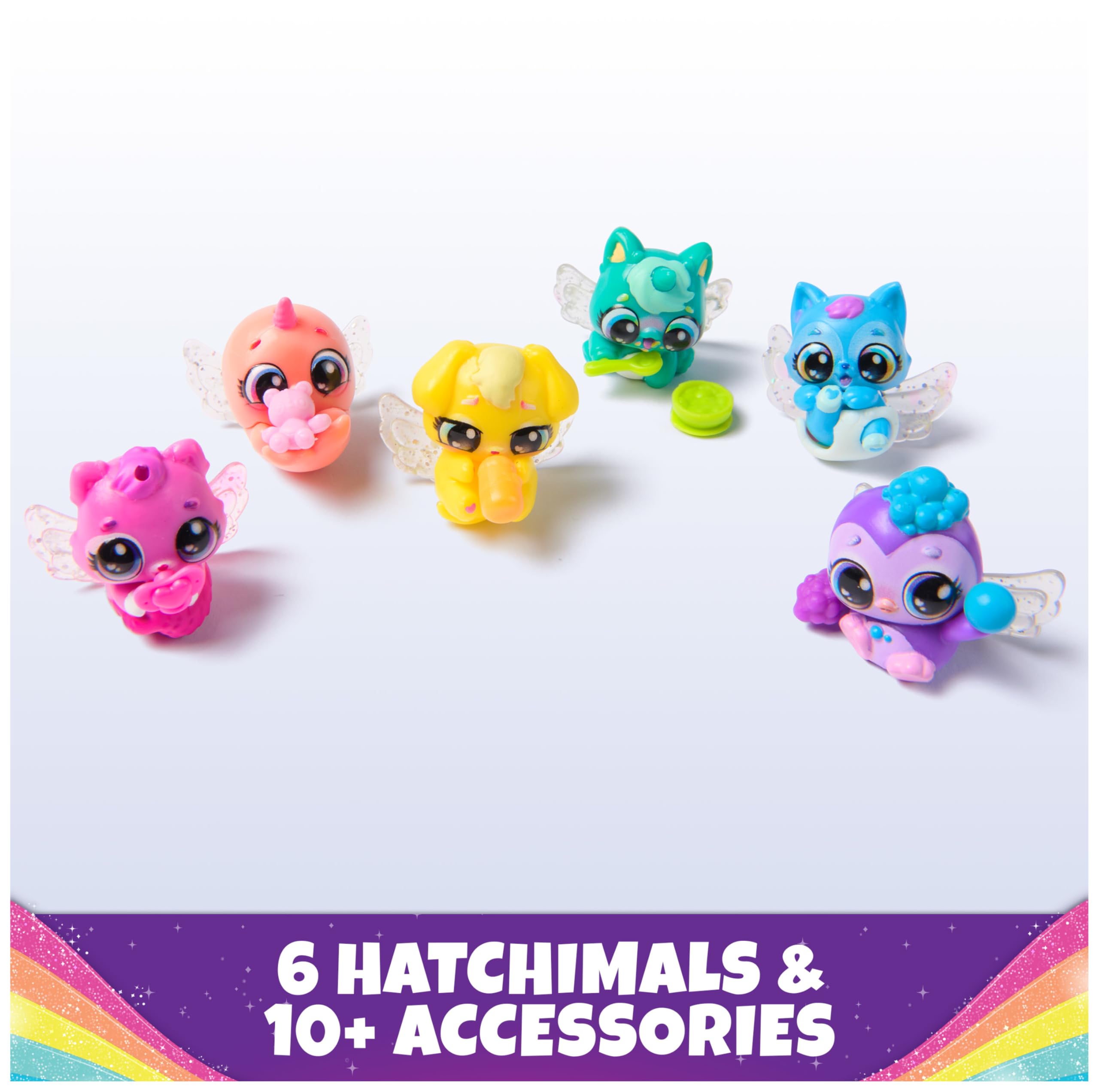 Hatchimals Alive Rainbow Hatchery features a highchair area for pretend mealtime in playroom.