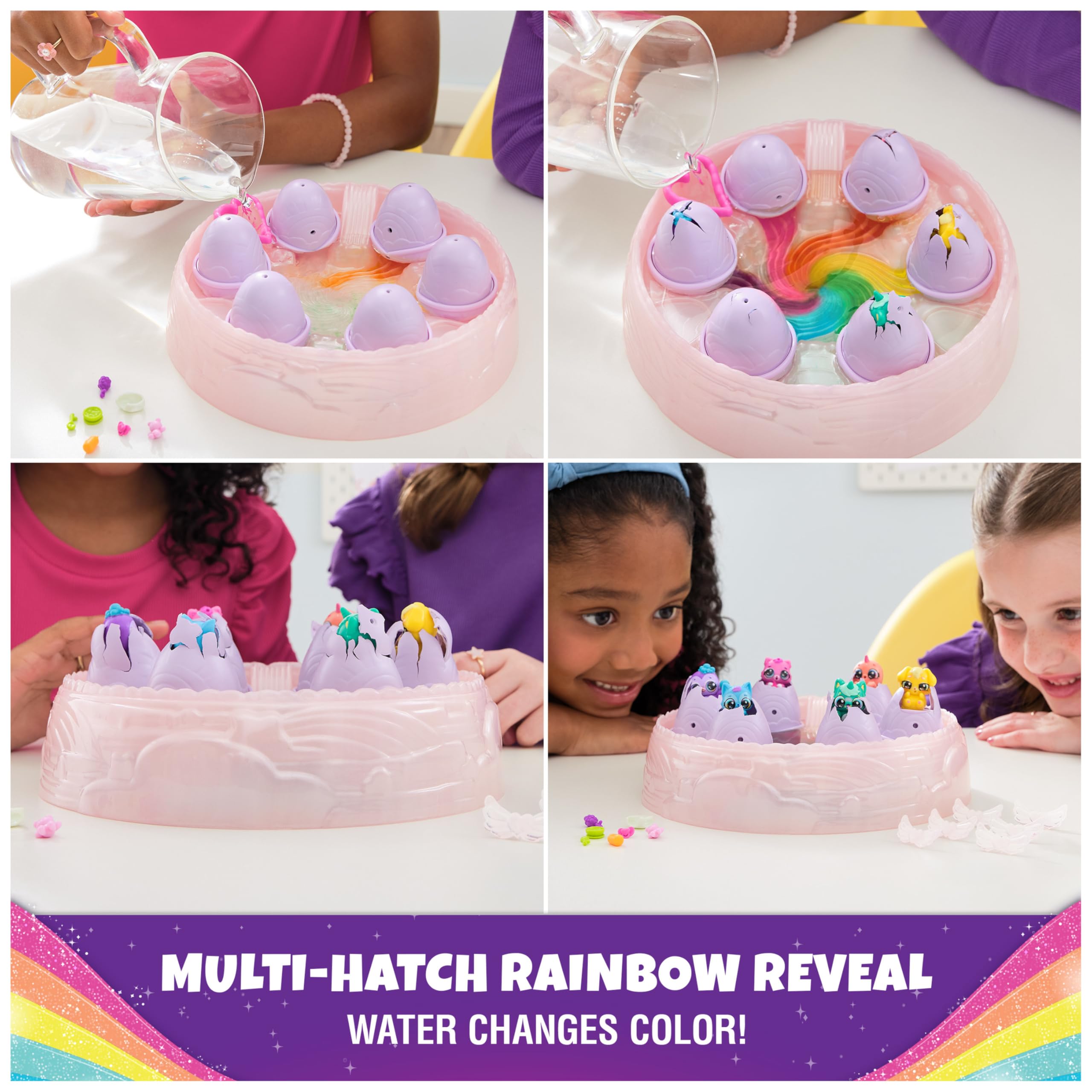 Hatchimals Alive Rainbow Hatchery shows six mini figures emerging from color reveal eggs.
