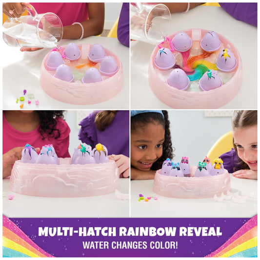 Hatchimals Alive Rainbow Hatchery shows six mini figures emerging from color reveal eggs.