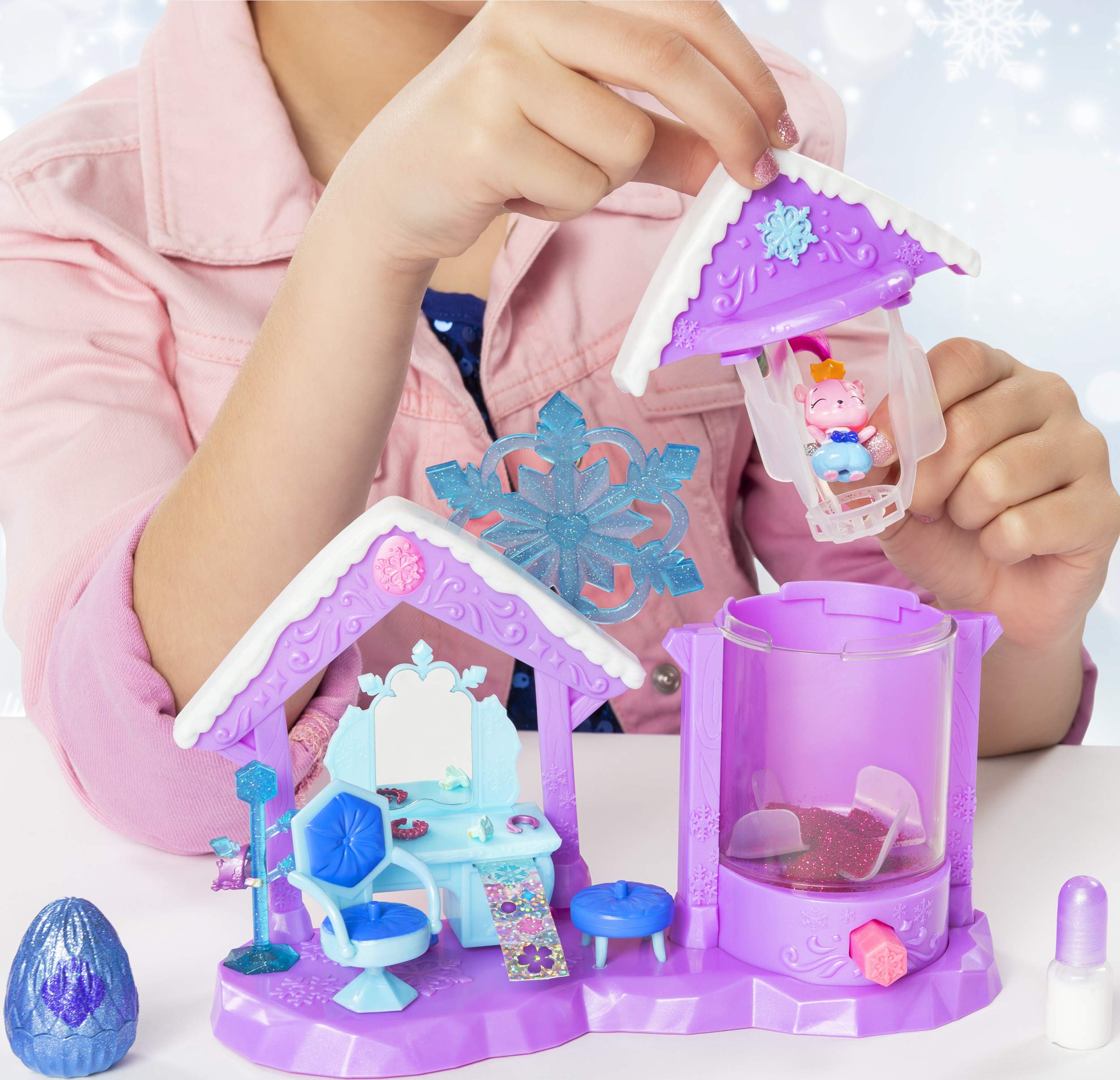 Hatchimals Glitter Salon Playset swiveling chair area for pampered character styling.