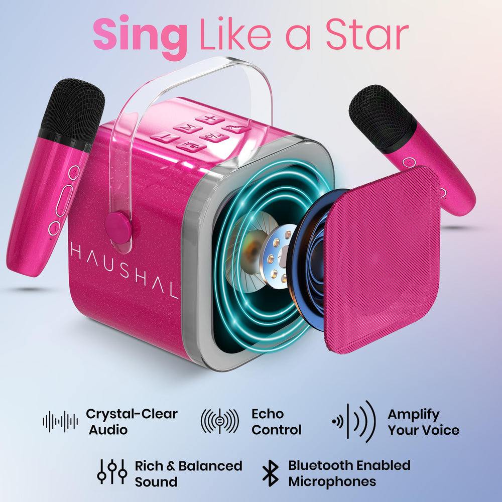 HAUSHALT dual wireless microphones enable duets and interactive play.