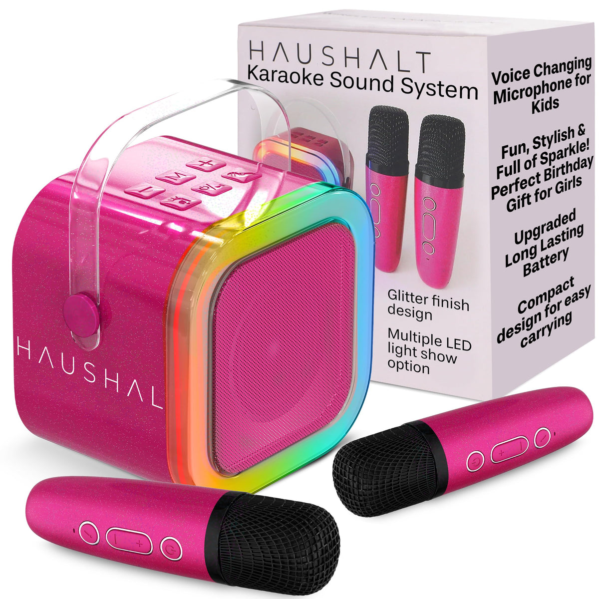 HAUSHALT mini karaoke machine with glitter finish boosts party vibes.