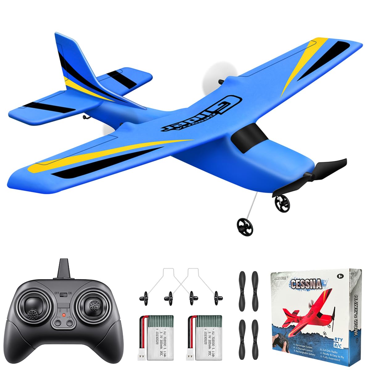 HAWK'S WORK 2-Channel RC Airplane blue front view shows beginner-friendly stability.