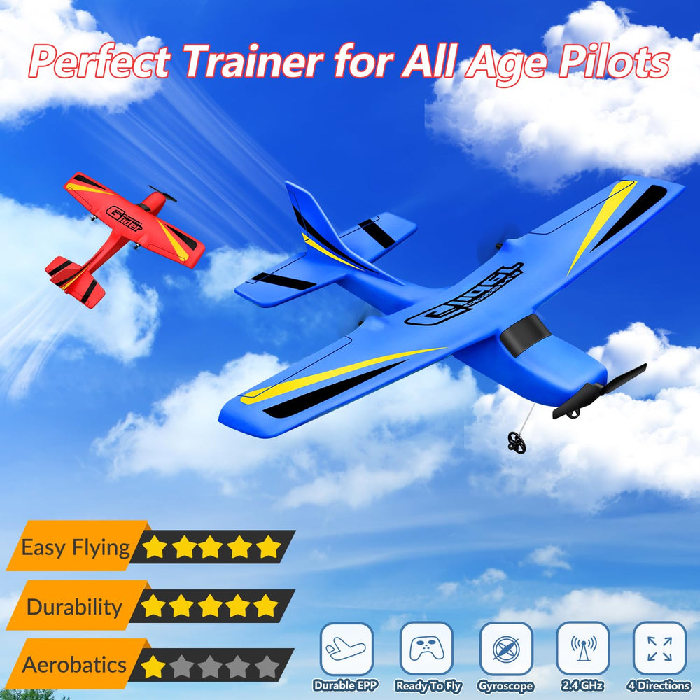 HAWK'S WORK beginner-friendly red RC plane highlights easy controls.