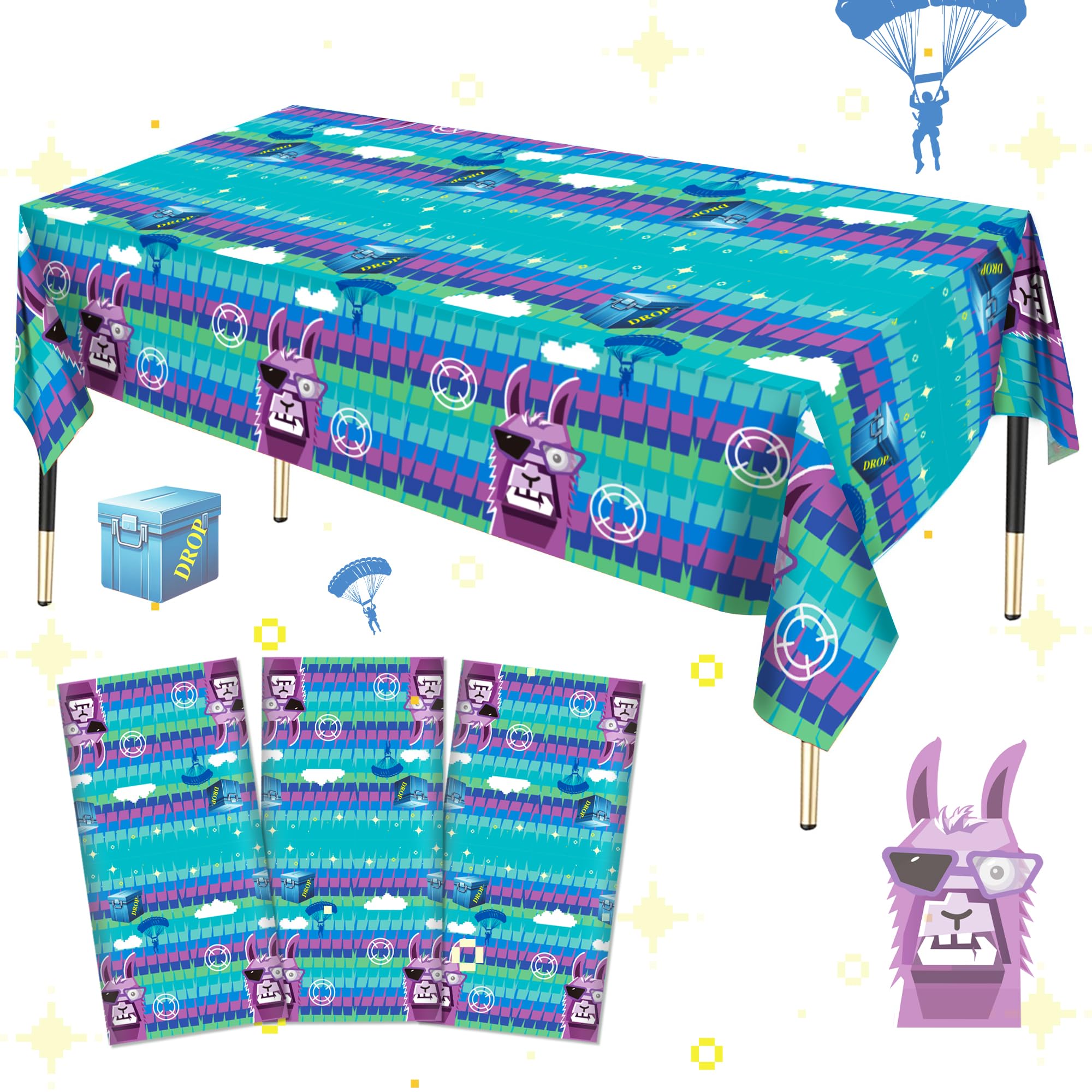 Haxpacal llama-themed tablecloth covers tables during a game night party.