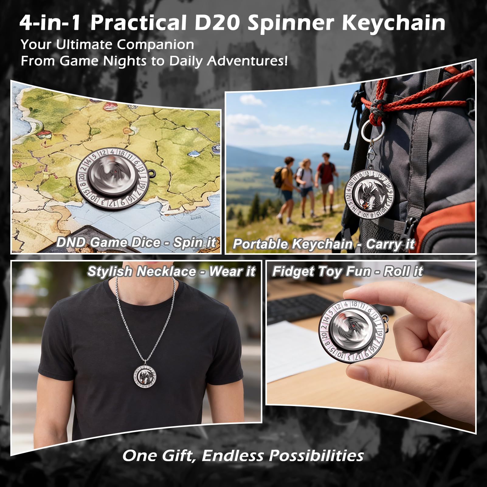 Haxtec D20 spinner keychain spin action for focus and fun