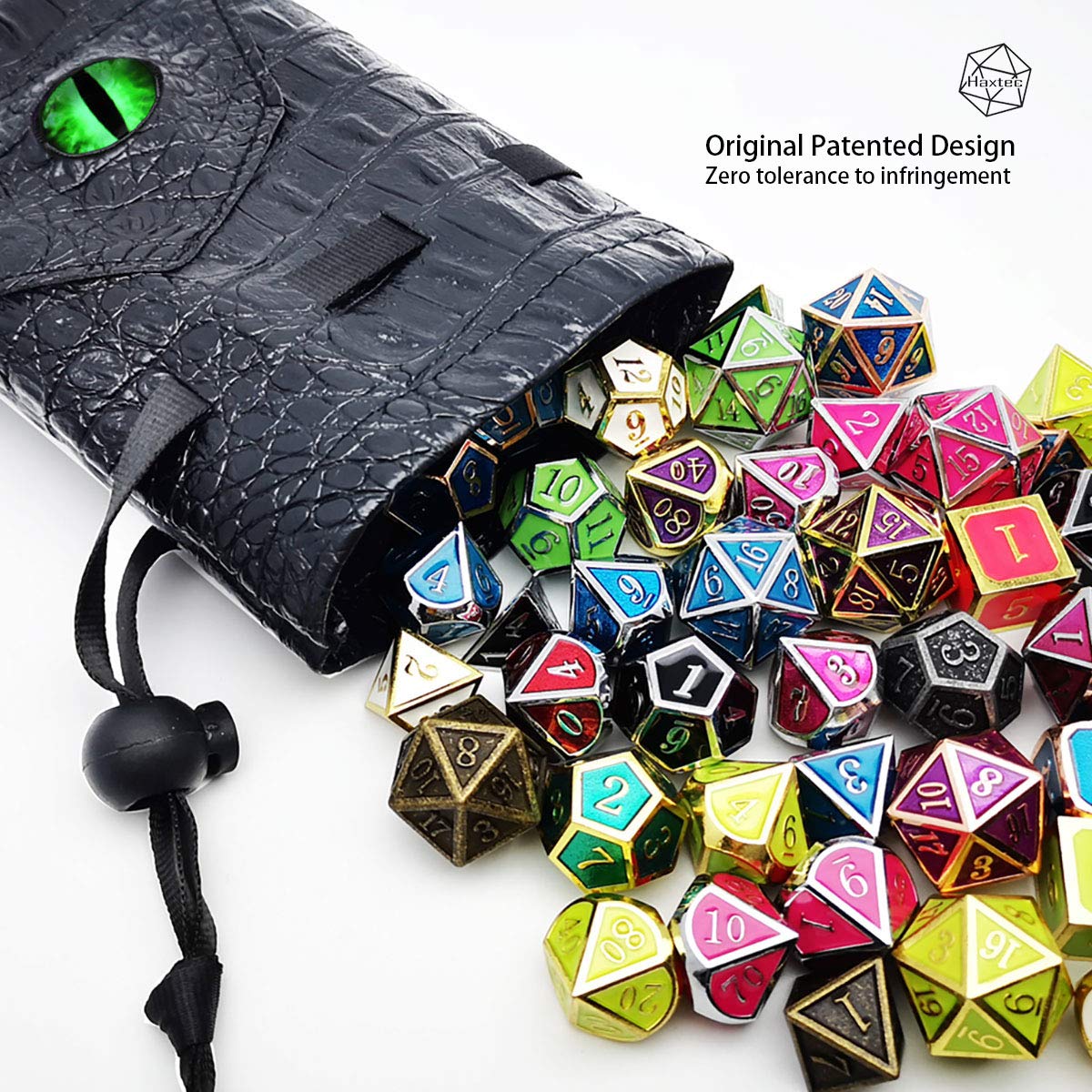 Haxtec drawstring-open dice bag shows quick access for fast dice setup