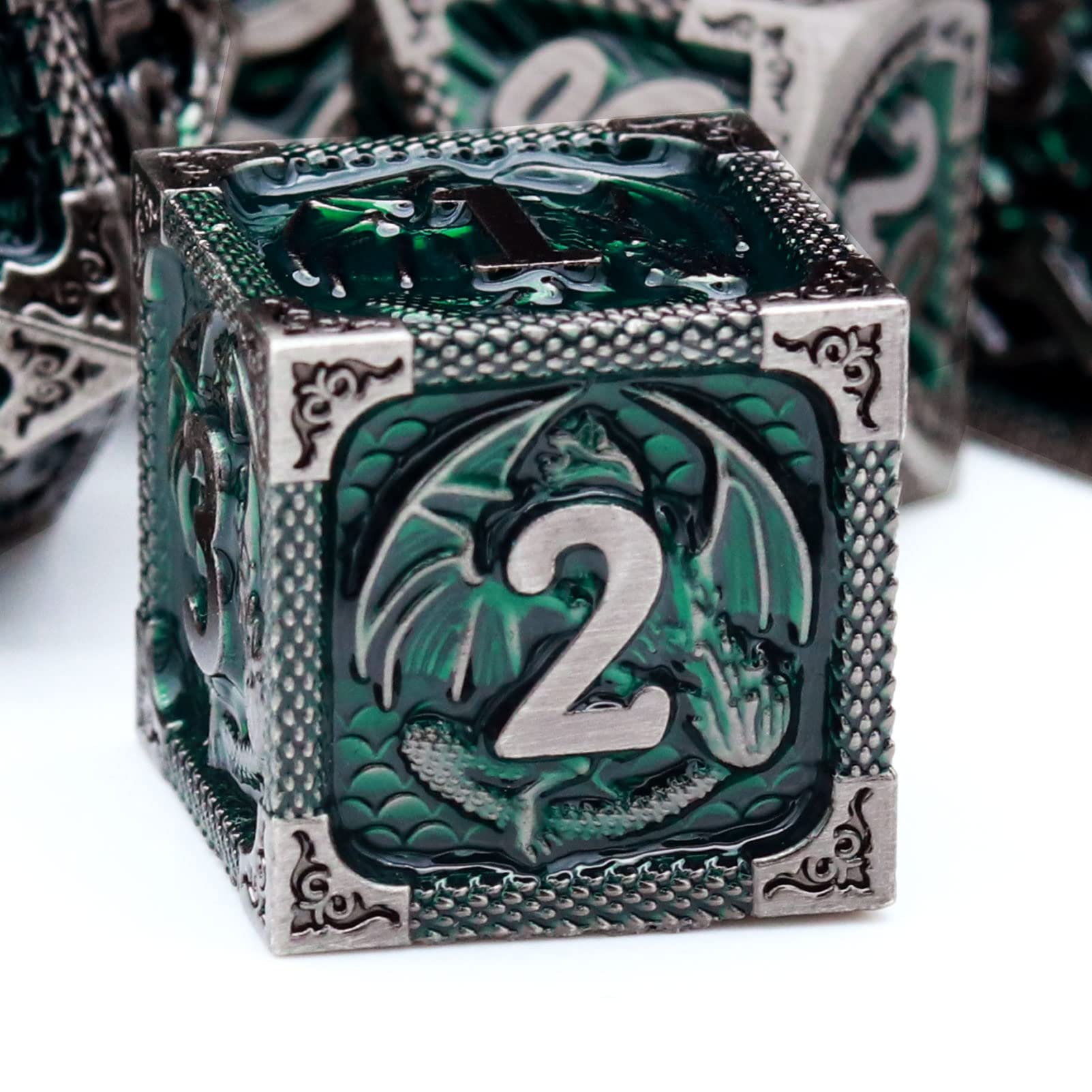 Haxtec DND dice set in green metal finish for immersive sessions