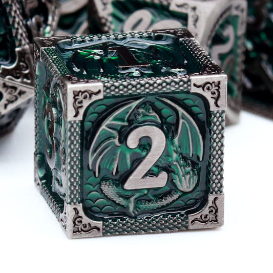 Haxtec DND dice set in green metal finish for immersive sessions