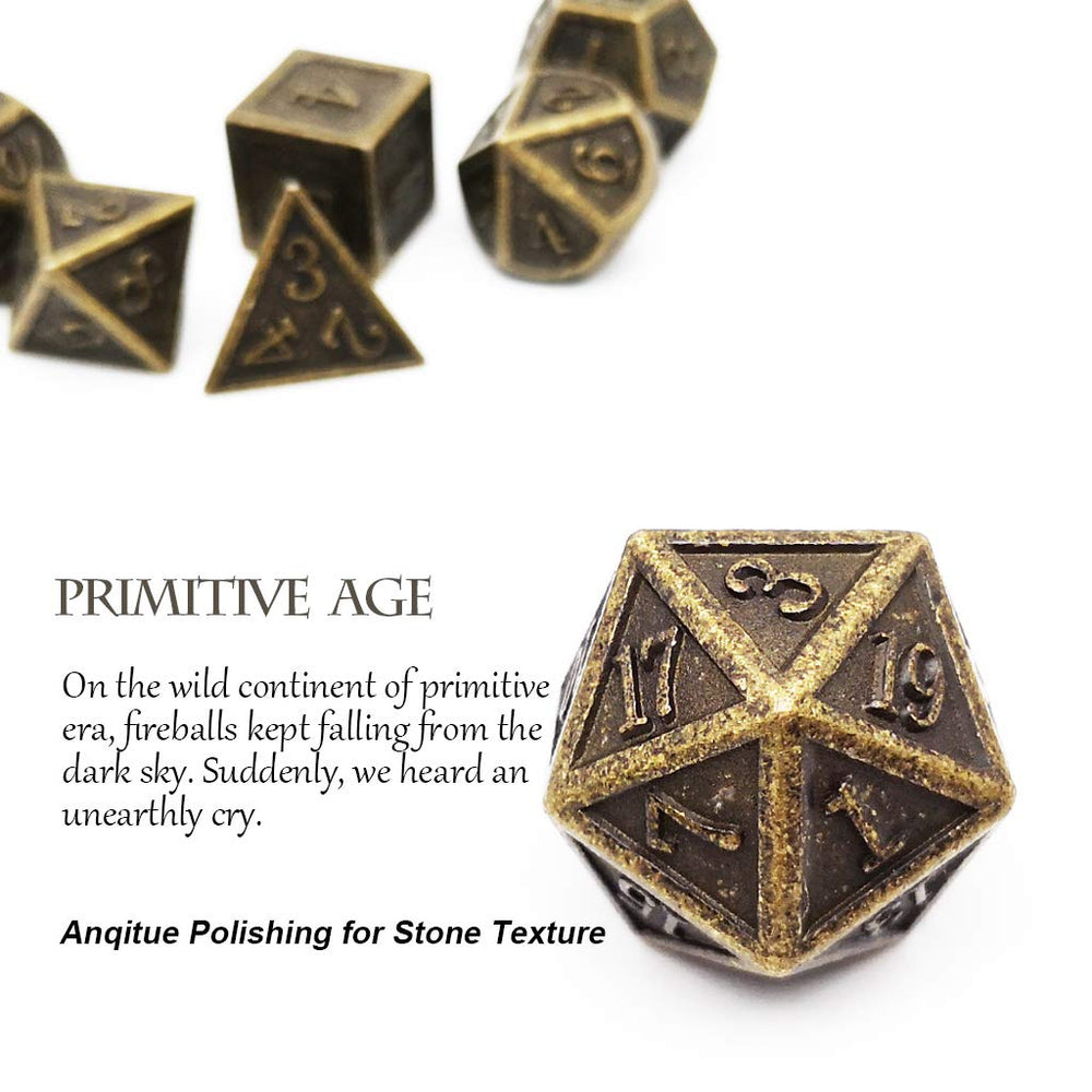 Haxtec antique bronze finish on DND dice for a classic RPG look