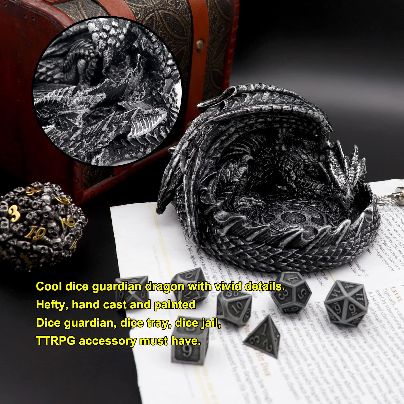 Haxtec DND metal dice set includes seven polished dice for tabletop adventures.