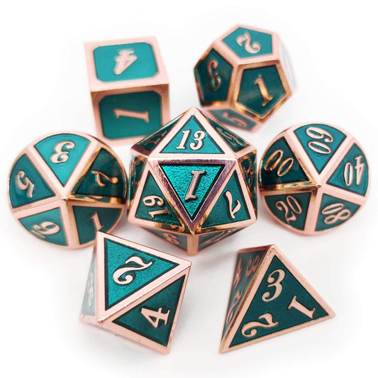 Haxtec DND metal dice set in copper-teal with rosegold numerals for tabletop play