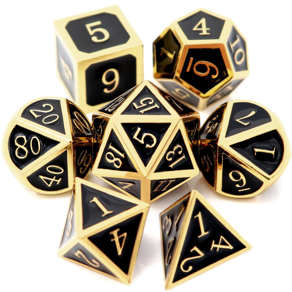 Haxtec DND metal dice set en dorado y negro con D20, ideal para campañas inmersivas