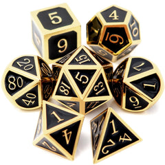 Haxtec DND metal dice set en dorado y negro con D20, ideal para campañas inmersivas