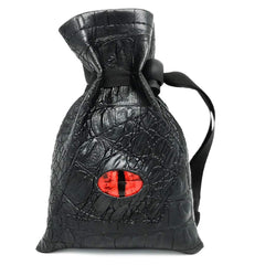 Haxtec Dragon Dice Bag front view with red eye dragon motif for bold gamer style