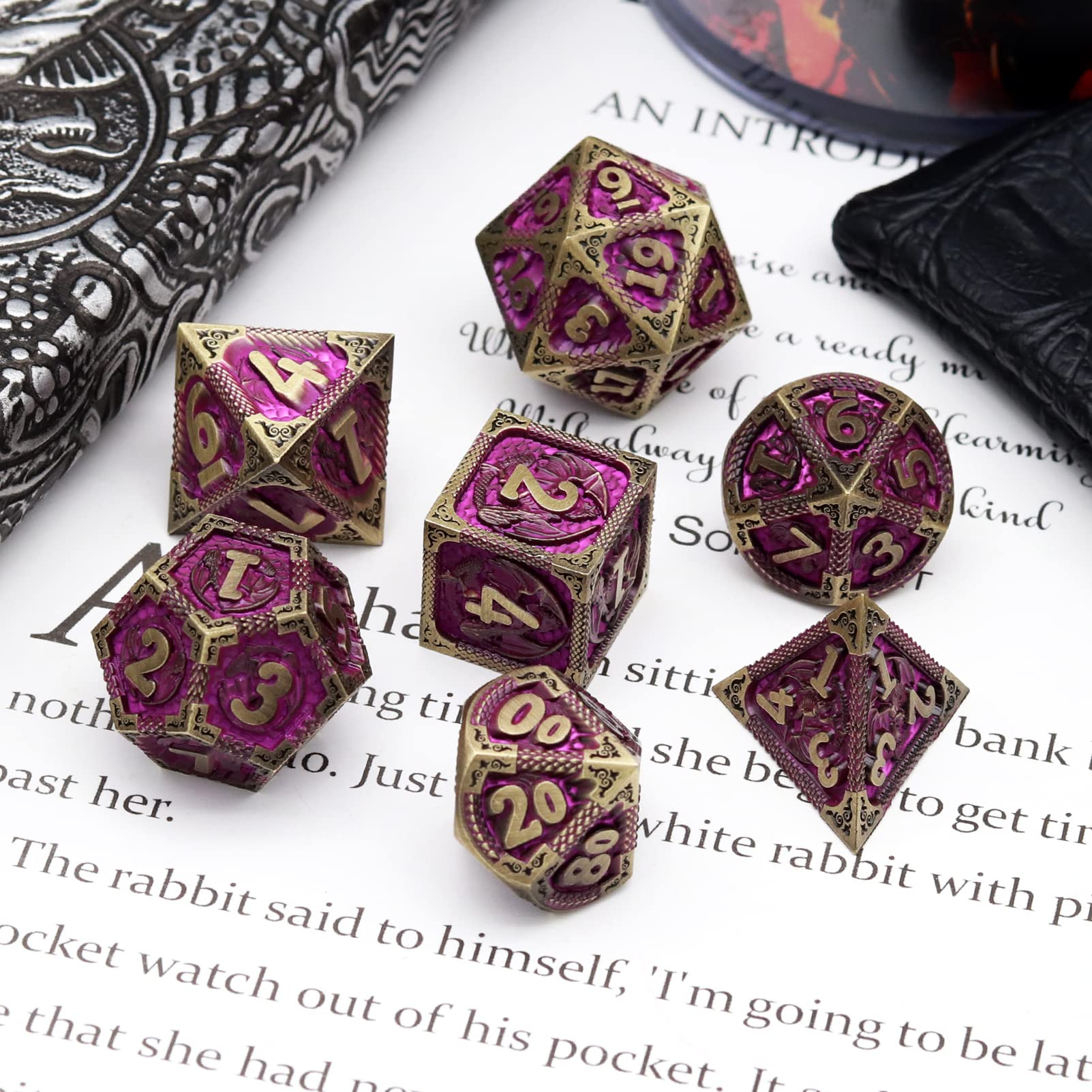 Haxtec dragonscale-engraved dice detail highlights intricate dragon motifs