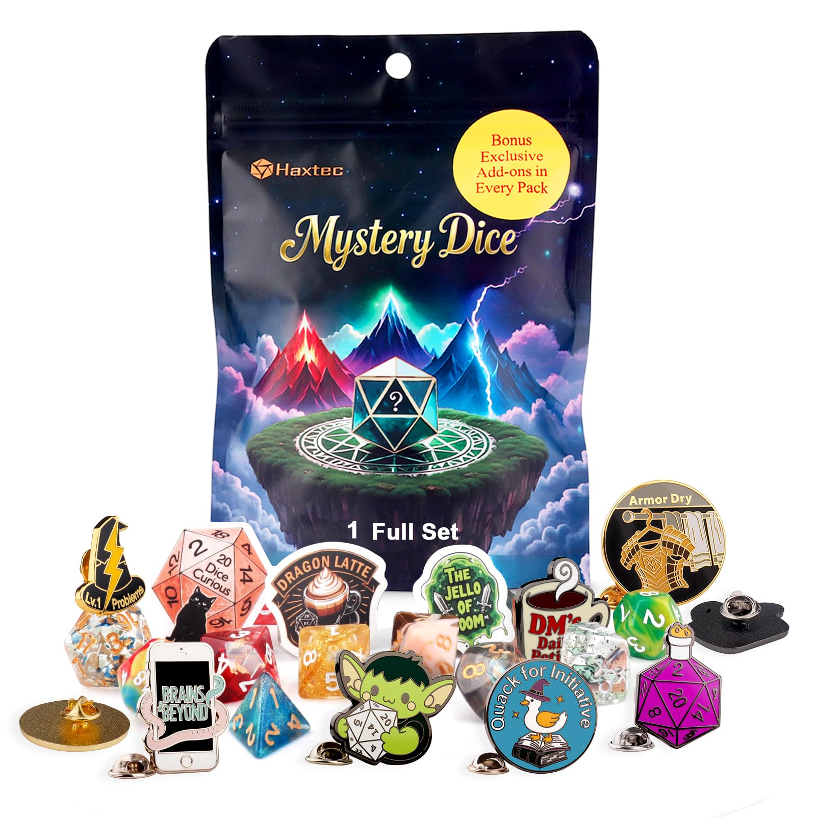 Haxtec Mystery Dice Set — full 7-dice display, ideal for quick rolls in D&D campaigns