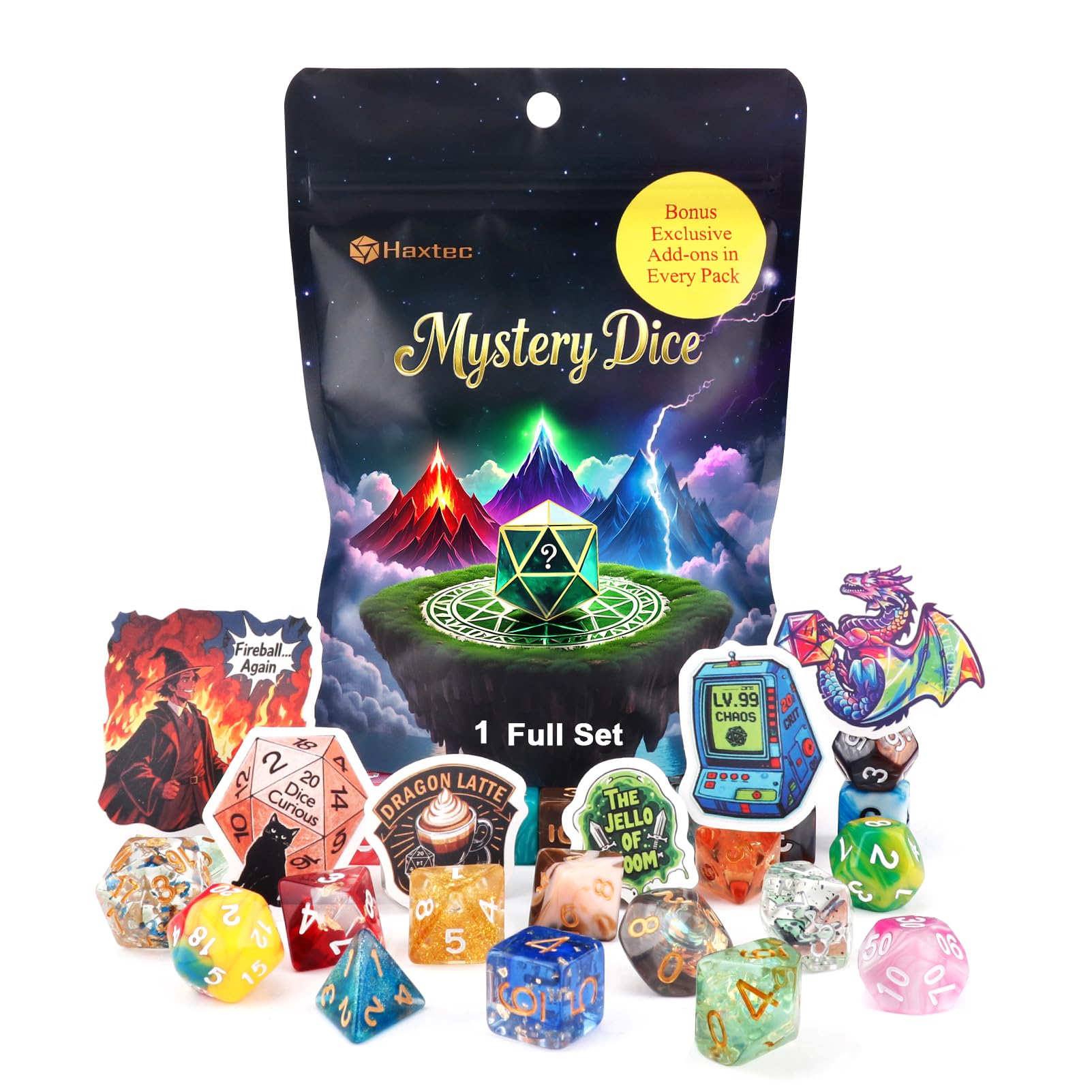Haxtec Mystery Dice Set with varied patterns for immersive D&D gameplay.