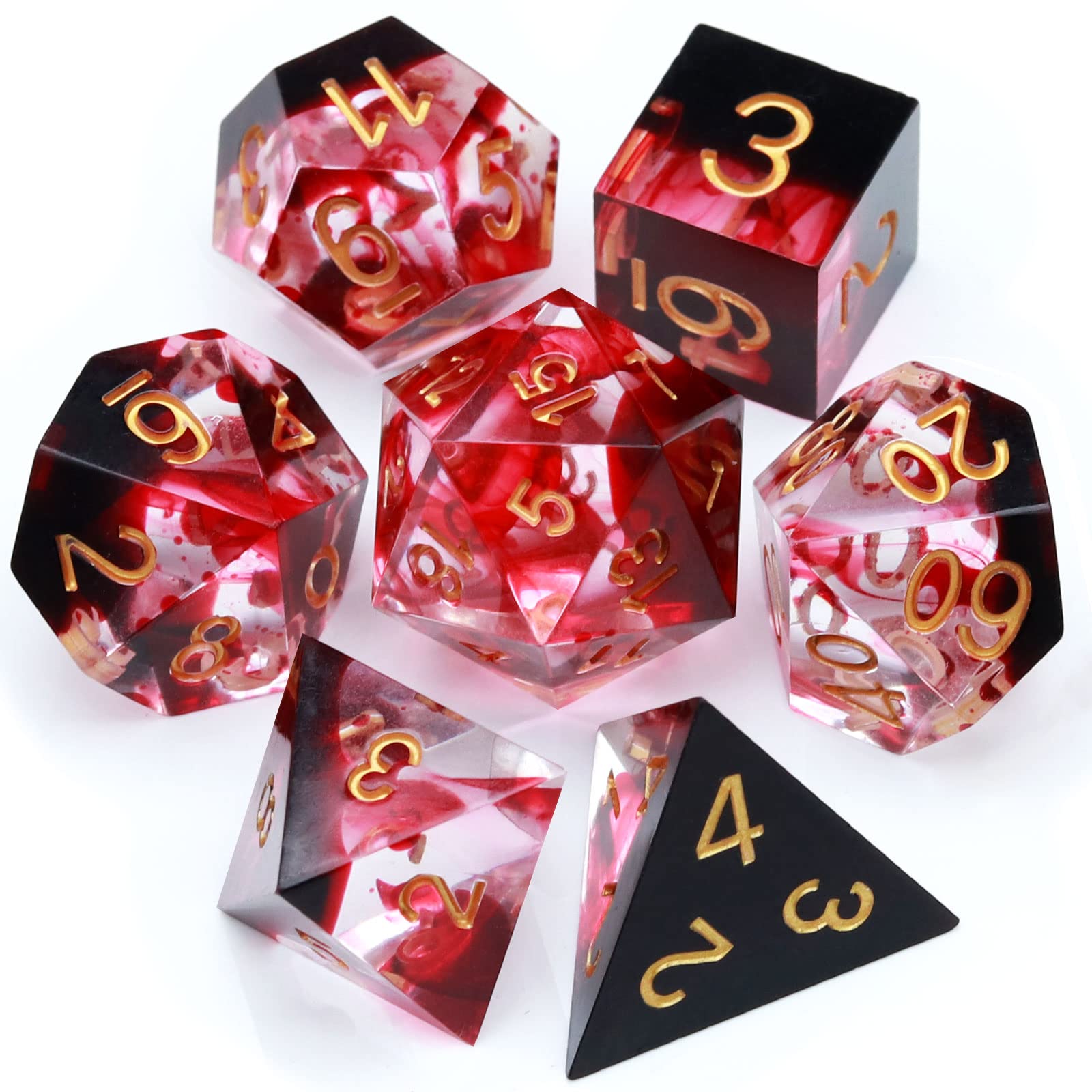 Haxtec resin dice close-up showing swirling patterns for dramatic rolls.