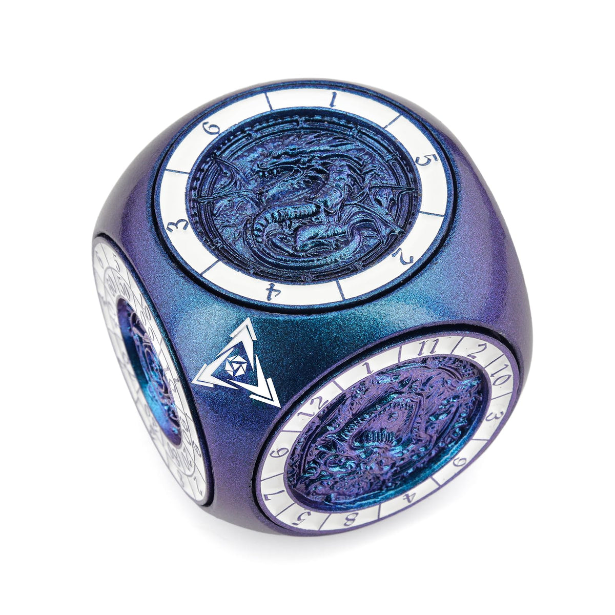 Haxtec Spinner Dice 7-in-1 brass top view highlights solid heft for tactile rolling.