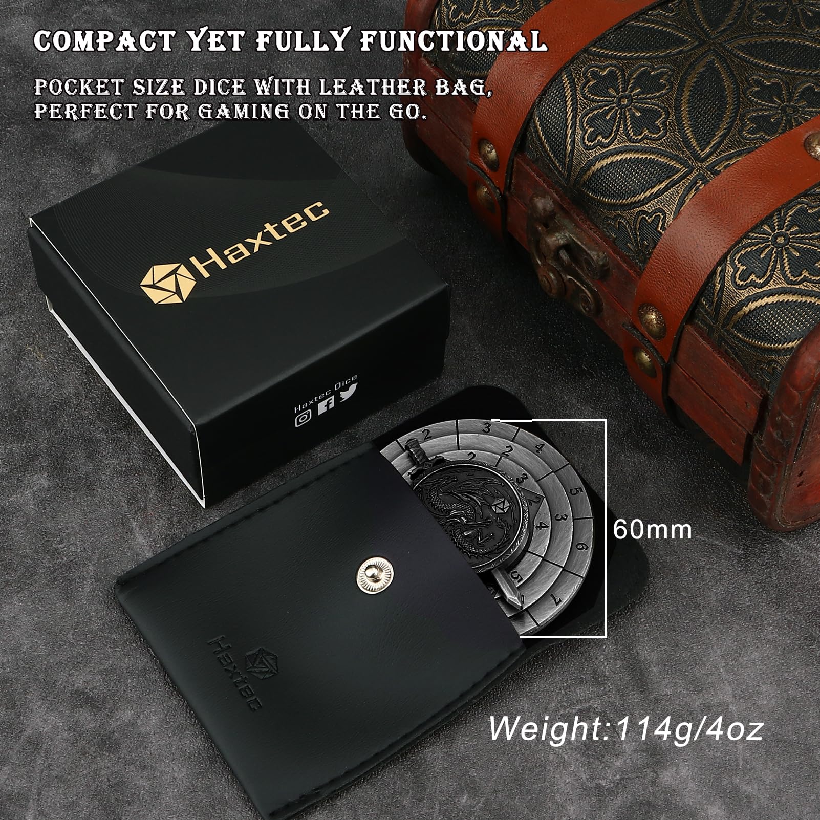 Haxtec compact dice set fits easily in pocket or bag