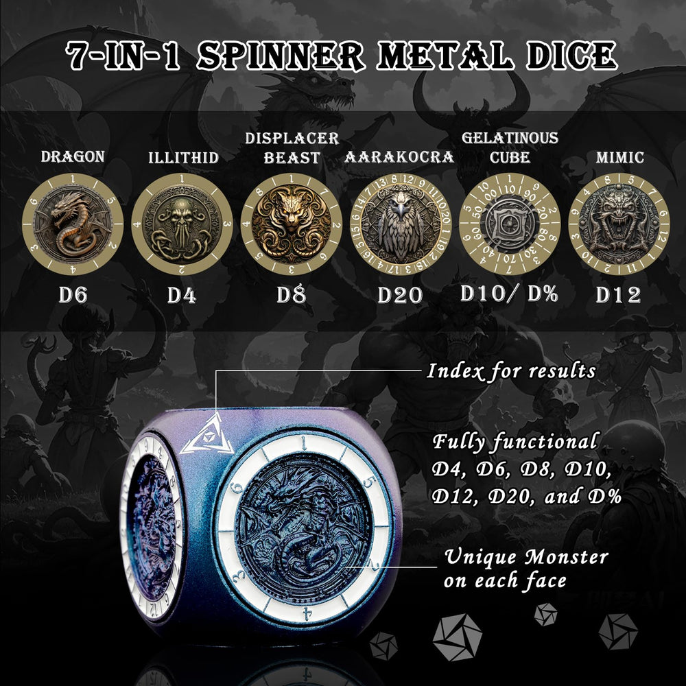 Haxtec Spinner Dice 7-in-1 displacer beast side adds collectible D&D aesthetics.