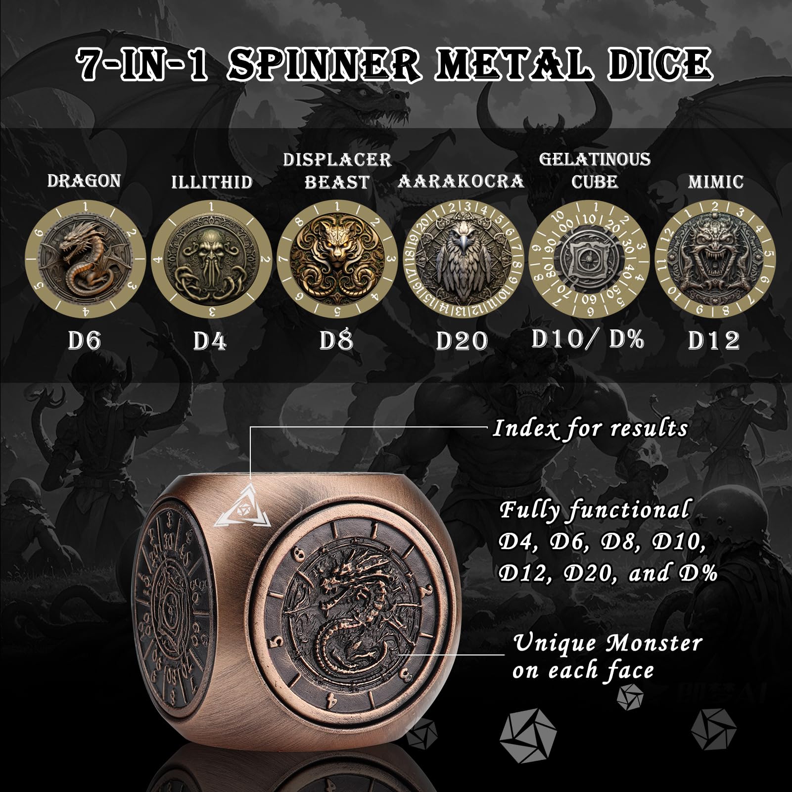 Haxtec brass dice close-up highlights craftsmanship and durability.