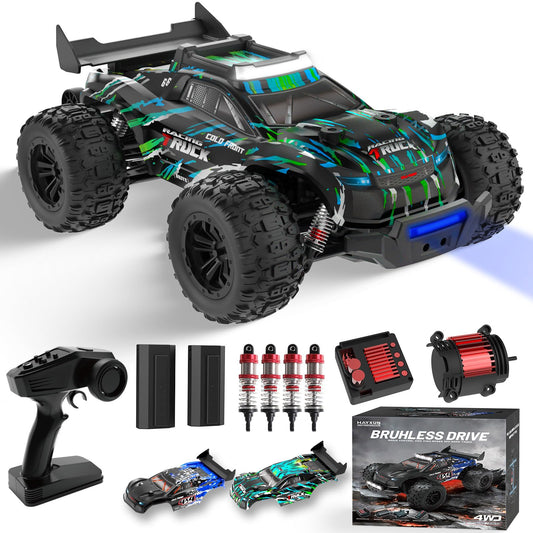 HayXUN 1/16 RTR brushless RC car speeding through off-road terrain.