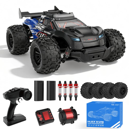 Hayxun 1:16-scale RC car front view highlighting aggressive styling for high-speed fun.