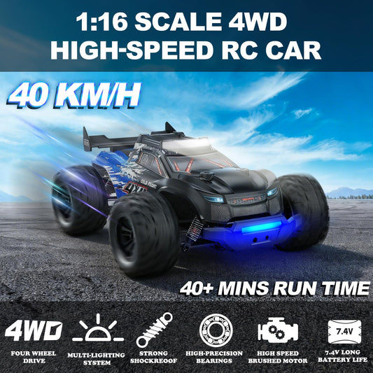 Hayxun 1:16-scale RC car side view shows rugged chassis ready for all-terrain use.