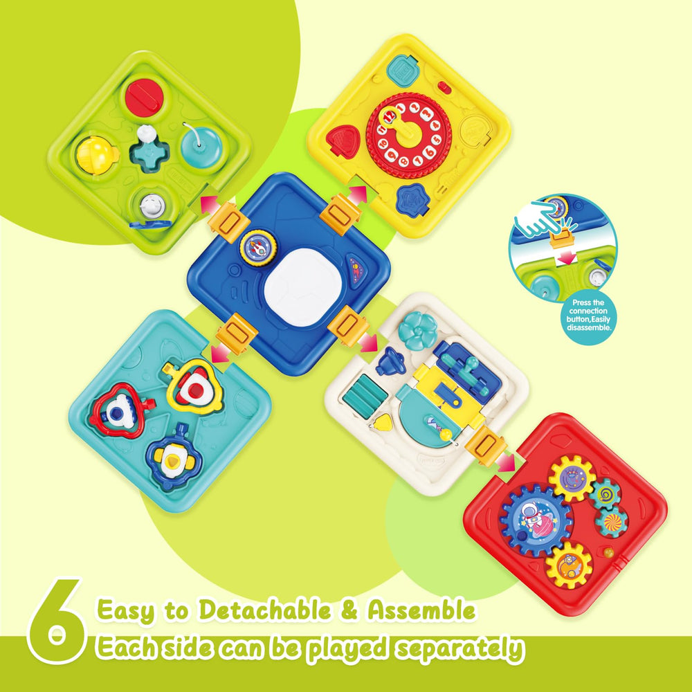 HayXUN Busy Board lacing and buckle panel promotes dexterity for small hands.
