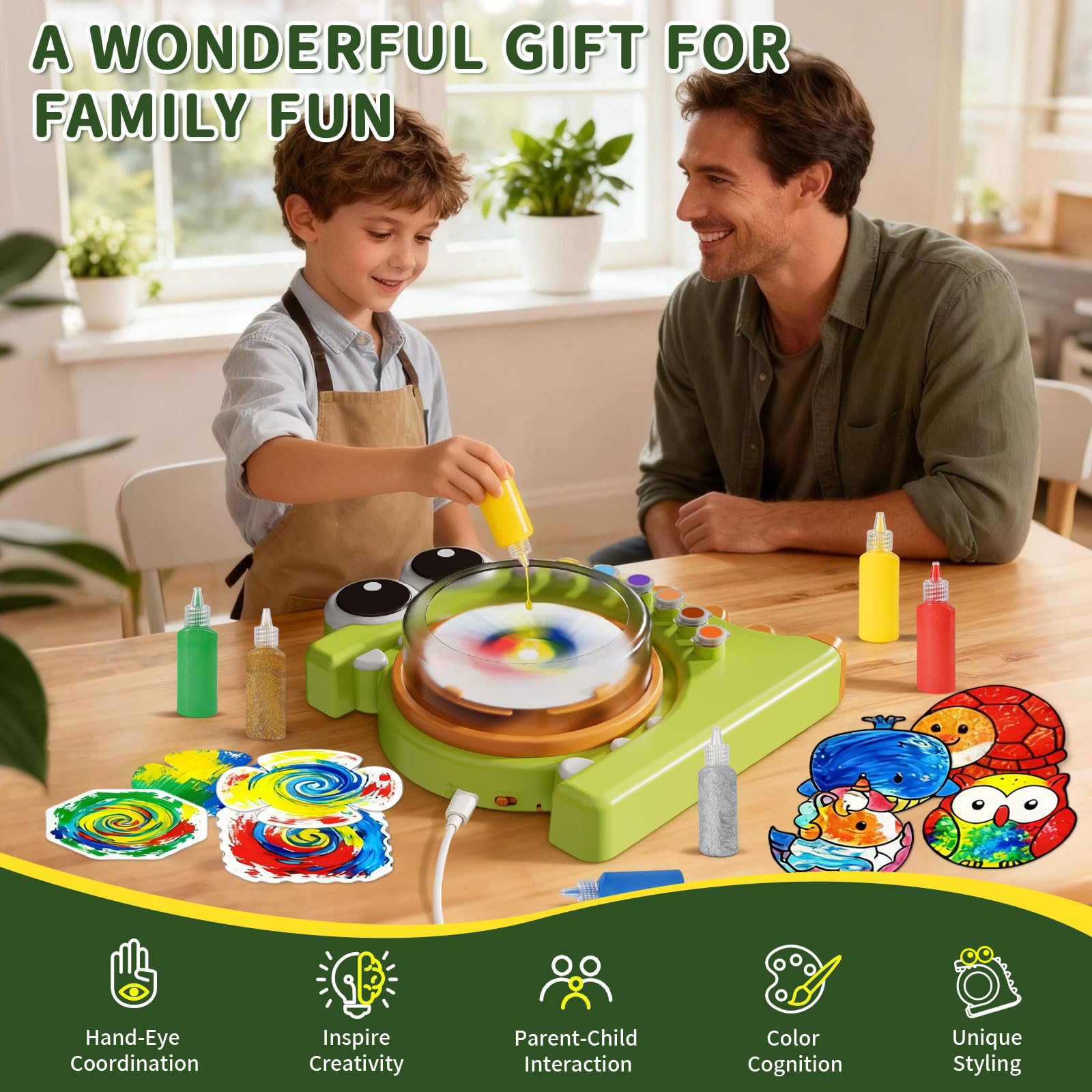 HAYXUN Dinosaur Spin Art Kit with coloring pencils for detailing after spin