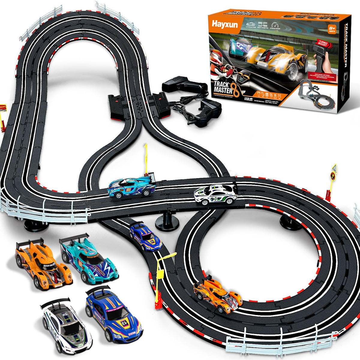 HAYXUN electric slot-car track set hero showcases a vibrant racing layout for family fun