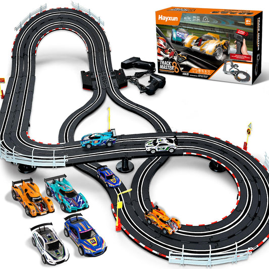 HAYXUN electric slot-car track set hero showcases a vibrant racing layout for family fun