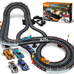 HAYXUN electric slot-car track set hero showcases a vibrant racing layout for family fun