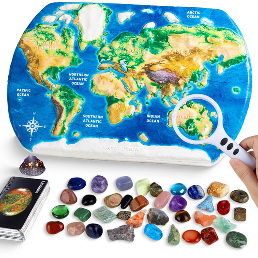 HAYXUN Gemstones Dig Kit world map front view for geography exploration.