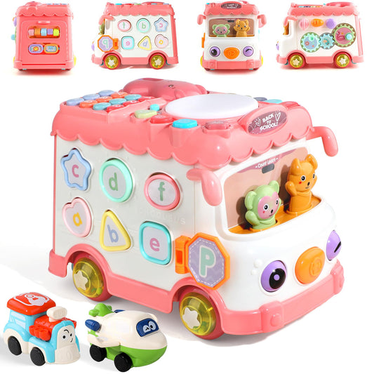 HAYXUN Montessori bus full view shows 10 learning activities for early development.