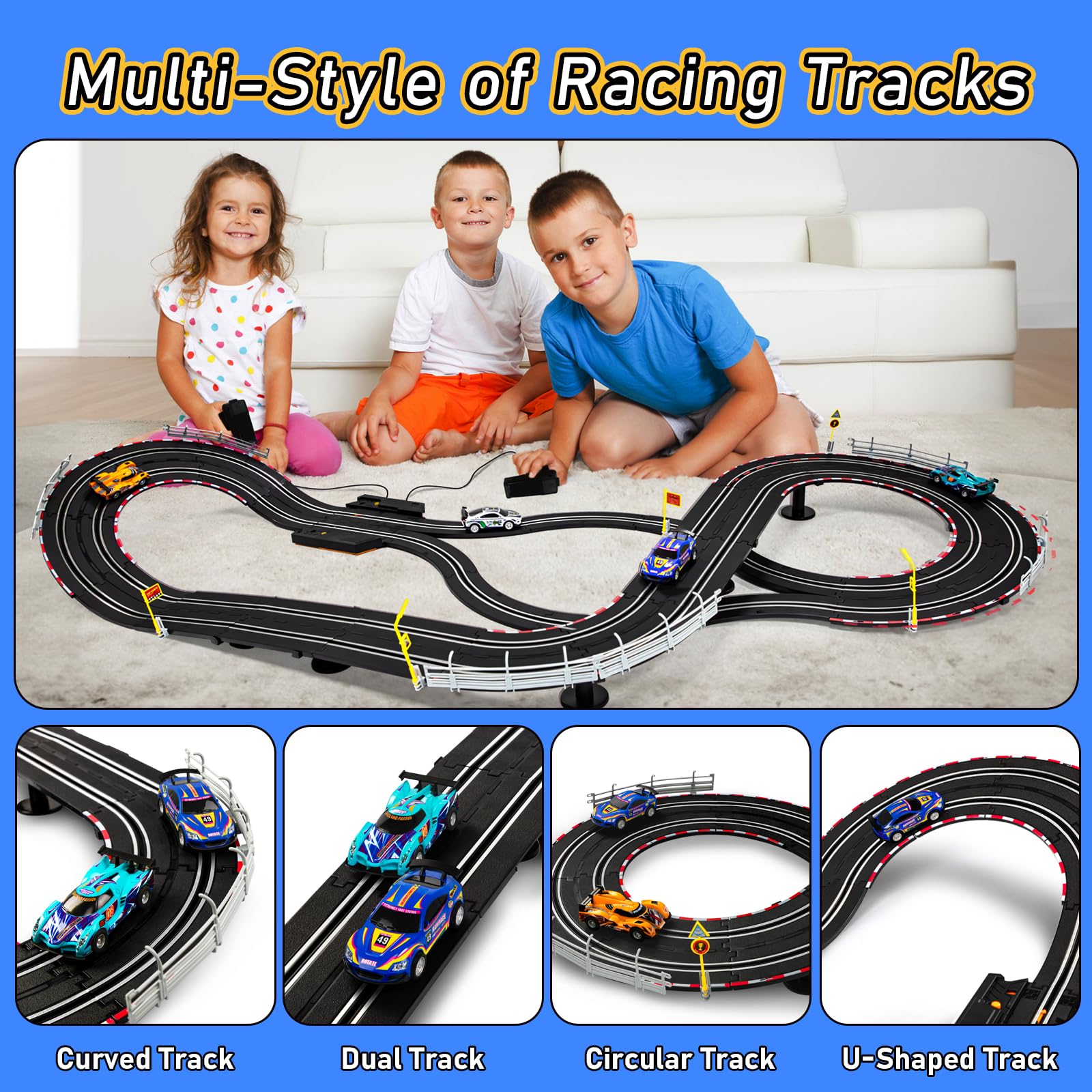 HAYXUN slot cars 1:43 scale with built-in headlights speeding on track for immersive night racing