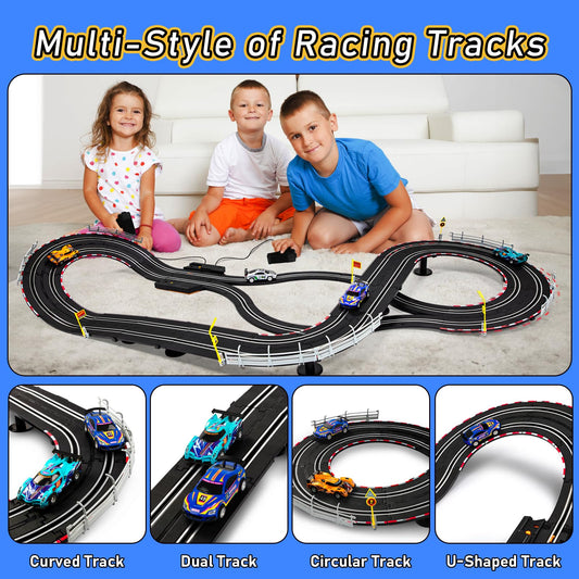 HAYXUN slot cars 1:43 scale with built-in headlights speeding on track for immersive night racing