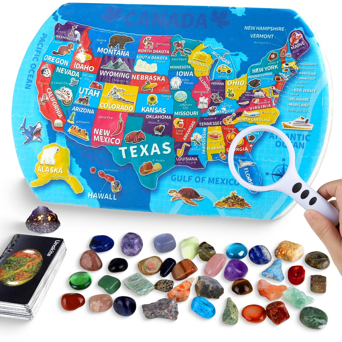Hayxun USA Map Gemstones Dig Kit contents for hands-on exploration.