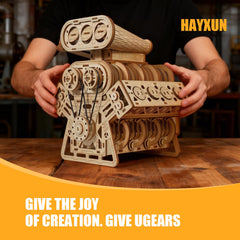 HayXUN V8 engine laser-cut wood construction close-up showcasing craftsmanship