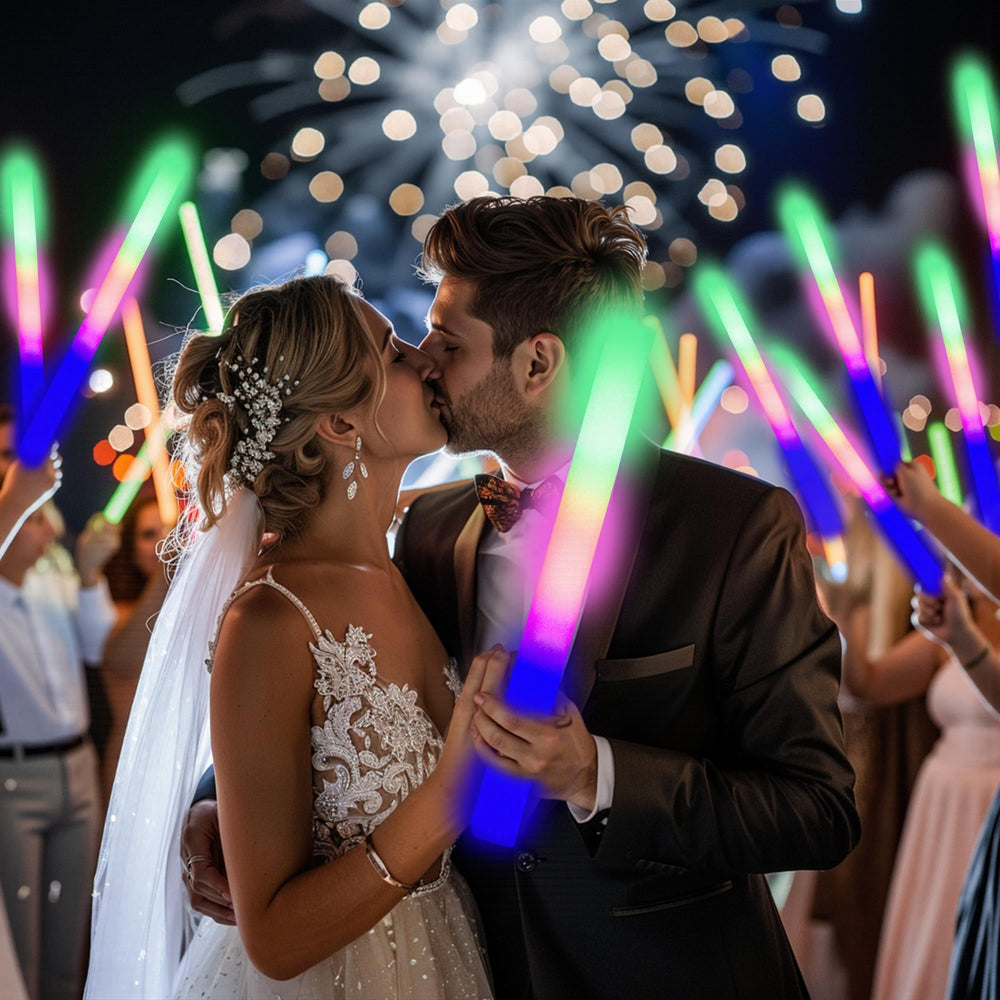 Vibrant 13-inch foam glow sticks provide dramatic multi-color effects.