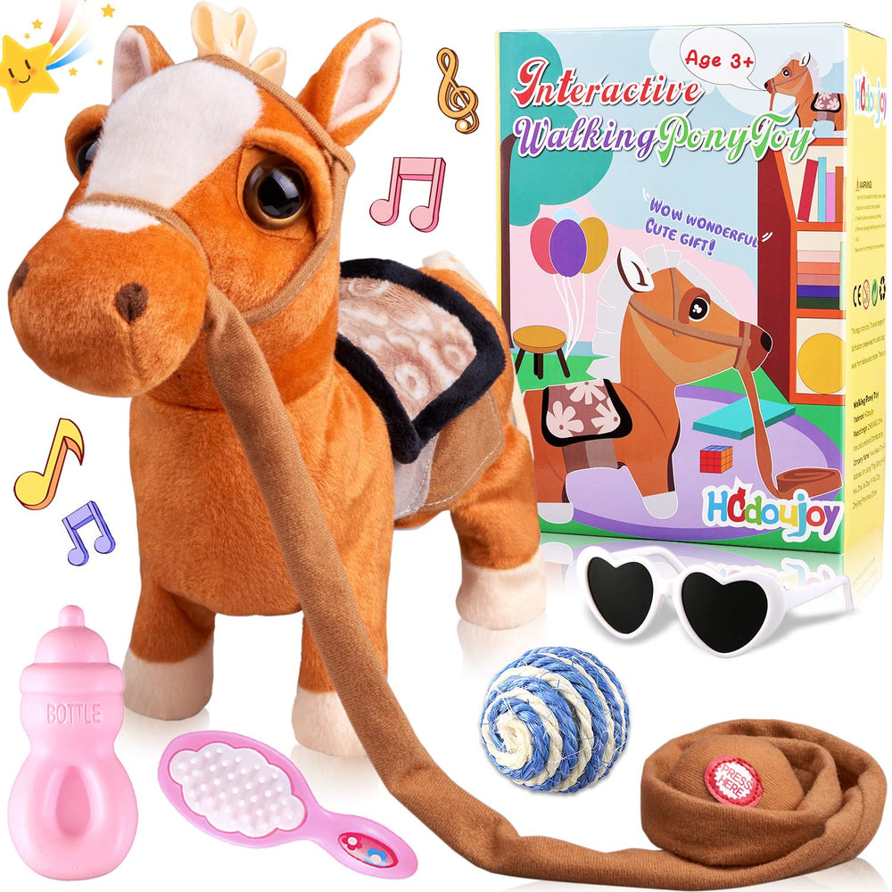 HCdoujoy brown walking pony with leash for interactive play