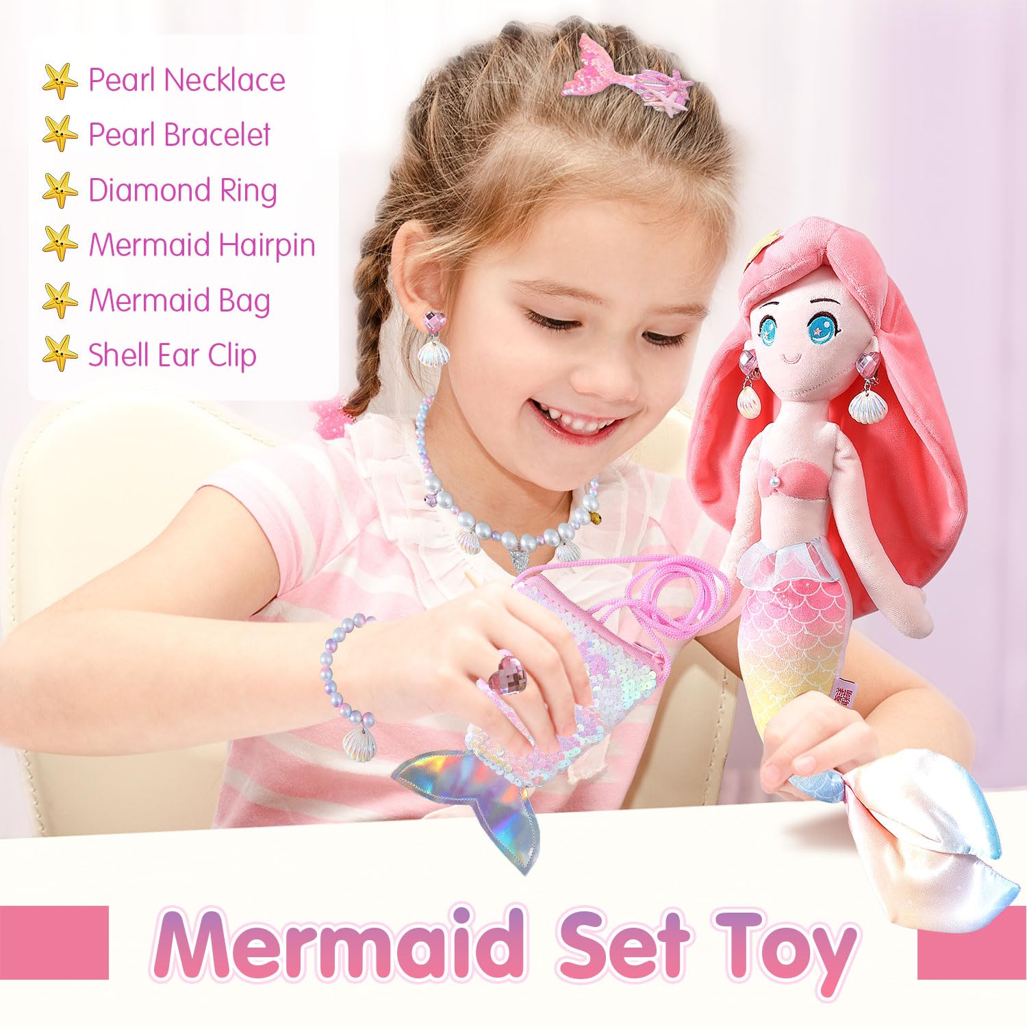 HCdoujoy pink mermaid plush doll soft texture for toddlers