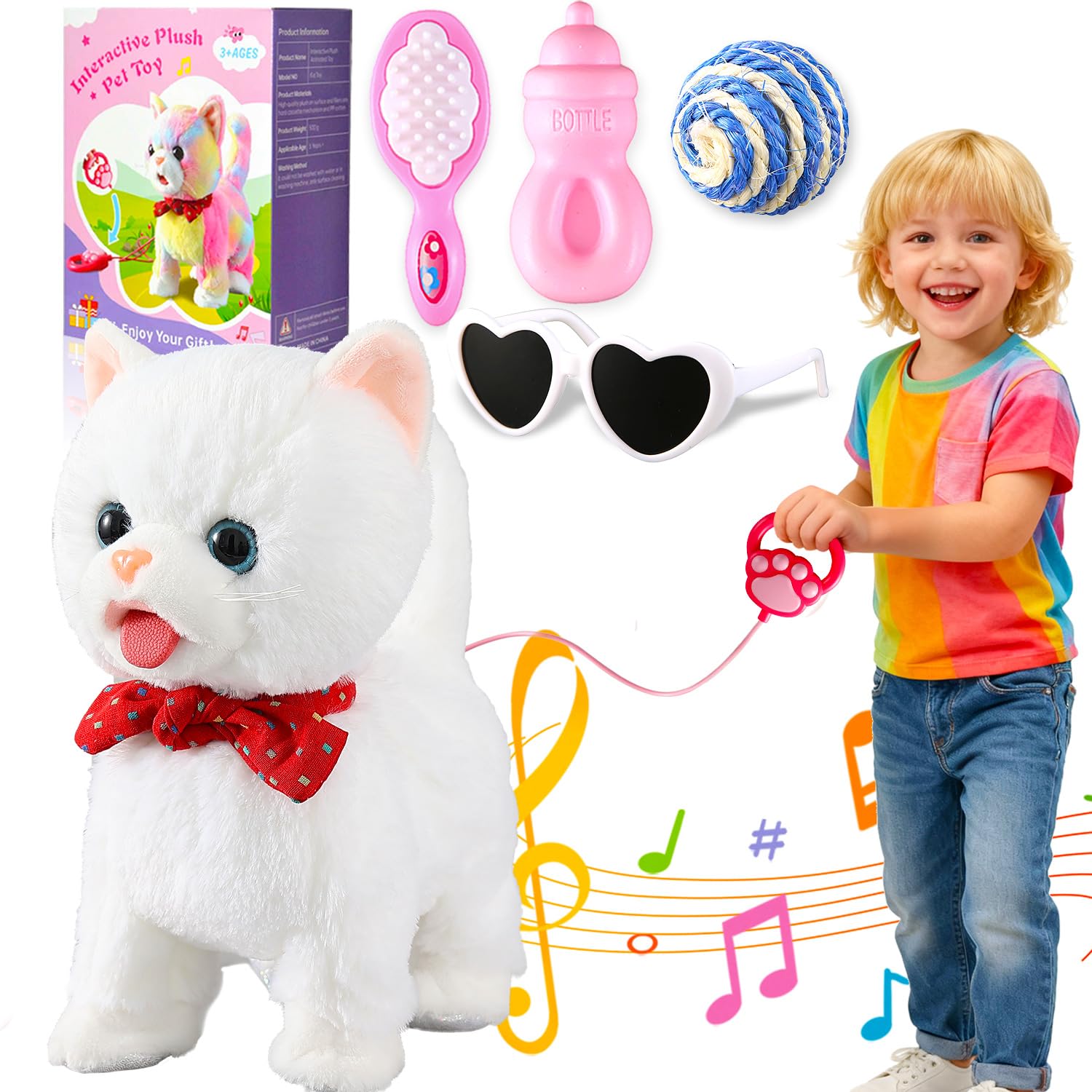 HCdoujoy white leash walking cat toy visible during walking play for kids