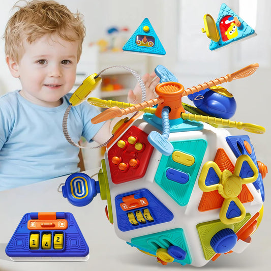 HCFJEH 22-in-1 Busy Board cube front view boosts curiosity and fine motor skills.