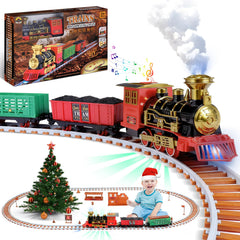 HEALLILY Christmas train set steam locomotive with lights around the tree