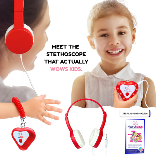 Heartbeats stethoscope toy with 10X amplification enhances listening during play.