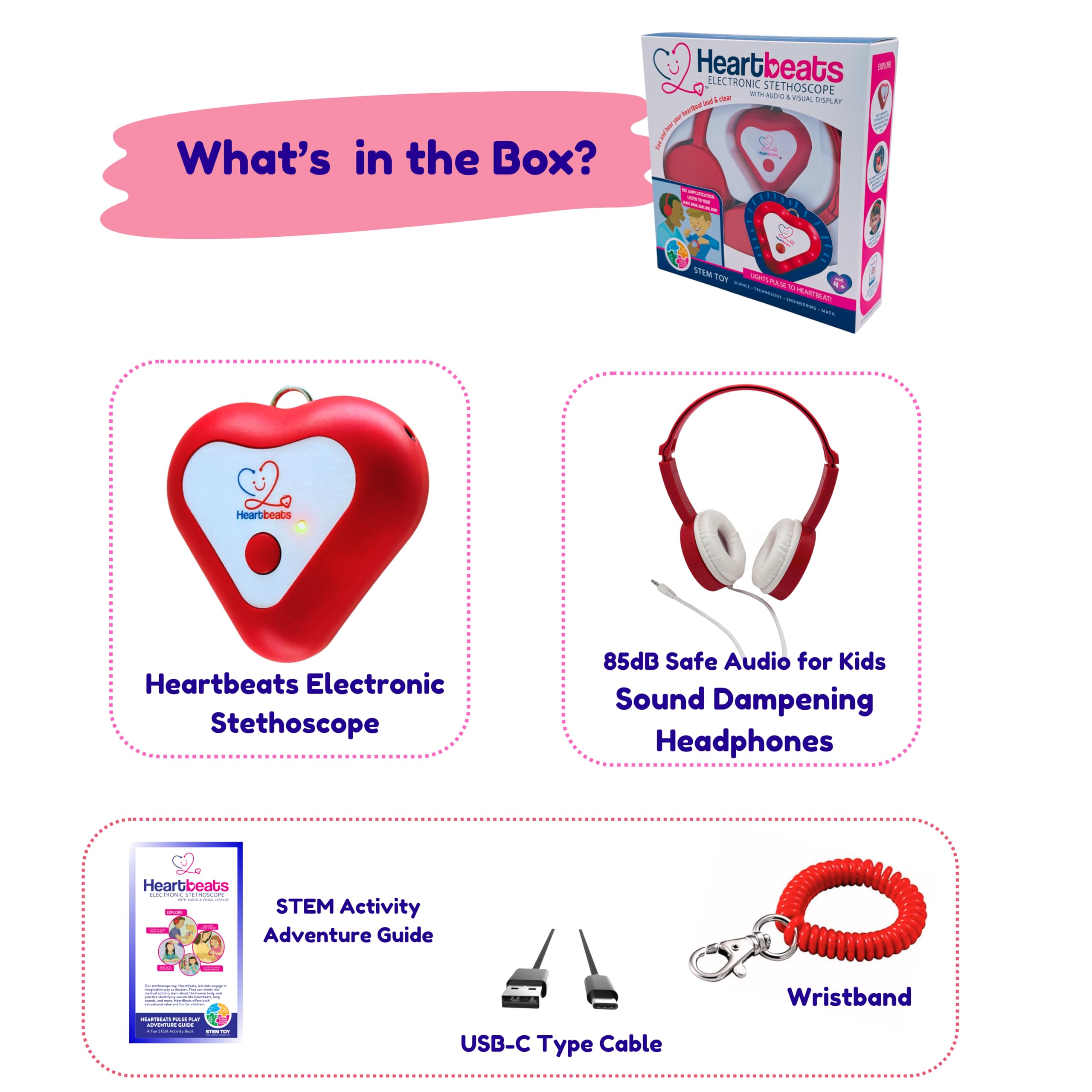 Heartbeats stethoscope toy with child-friendly headphones provides safe, comfy listening sessions.
