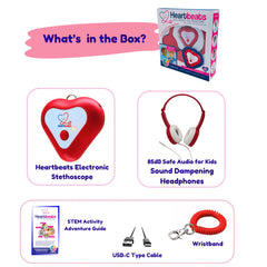 Heartbeats stethoscope toy with child-friendly headphones provides safe, comfy listening sessions.